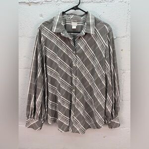 Chicos Gray White Poplin Button Down Billow Long Sleeve Blouse Shirt Size XL